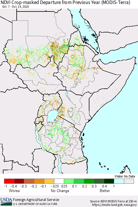 Eastern Africa Cropland NDVI Departure from Previous Year (Terra-MODIS) Thematic Map For 10/11/2020 - 10/20/2020