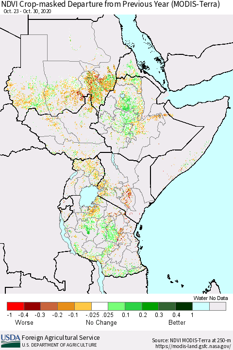 Eastern Africa NDVI Crop-masked Departure from Previous Year (MODIS-Terra) Thematic Map For 10/21/2020 - 10/31/2020