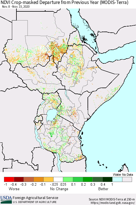 Eastern Africa Cropland NDVI Departure from Previous Year (Terra-MODIS) Thematic Map For 11/11/2020 - 11/20/2020