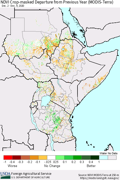 Eastern Africa Cropland NDVI Departure from Previous Year (Terra-MODIS) Thematic Map For 12/1/2020 - 12/10/2020