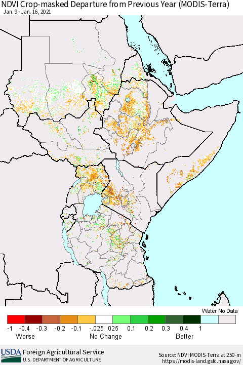 Eastern Africa Cropland NDVI Departure from Previous Year (Terra-MODIS) Thematic Map For 1/11/2021 - 1/20/2021