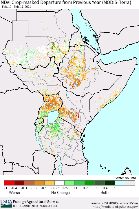 Eastern Africa Cropland NDVI Departure from Previous Year (Terra-MODIS) Thematic Map For 2/11/2021 - 2/20/2021