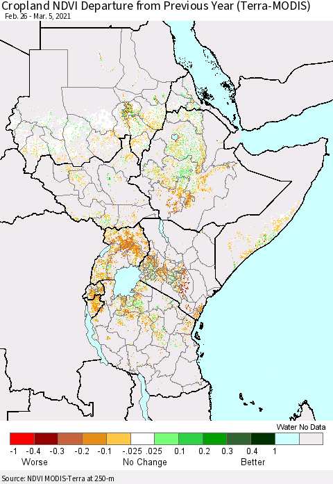 Eastern Africa Cropland NDVI Departure from Previous Year (Terra-MODIS) Thematic Map For 2/26/2021 - 3/5/2021