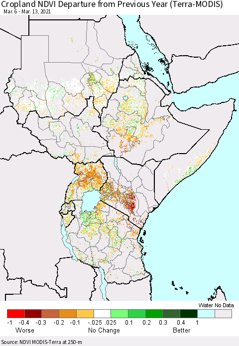 Eastern Africa Cropland NDVI Departure from Previous Year (Terra-MODIS) Thematic Map For 3/6/2021 - 3/13/2021
