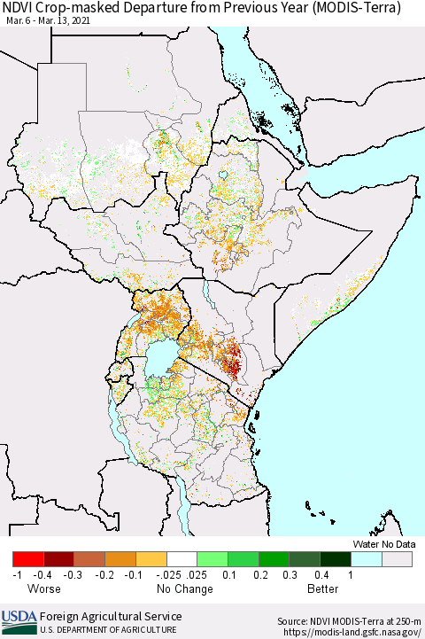 Eastern Africa Cropland NDVI Departure from Previous Year (Terra-MODIS) Thematic Map For 3/11/2021 - 3/20/2021