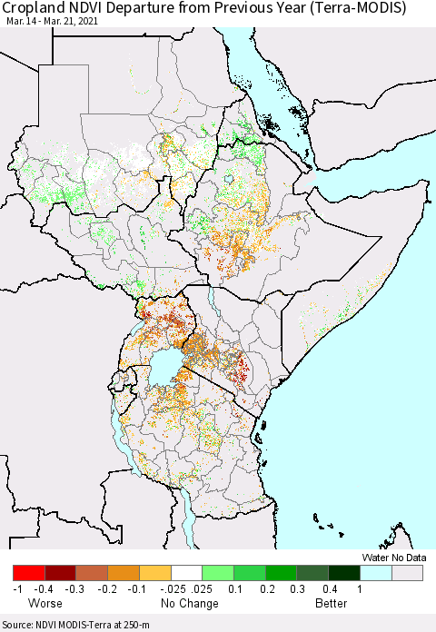 Eastern Africa Cropland NDVI Departure from Previous Year (Terra-MODIS) Thematic Map For 3/14/2021 - 3/21/2021