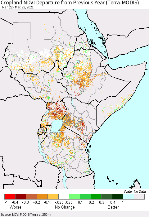 Eastern Africa Cropland NDVI Departure from Previous Year (Terra-MODIS) Thematic Map For 3/22/2021 - 3/29/2021