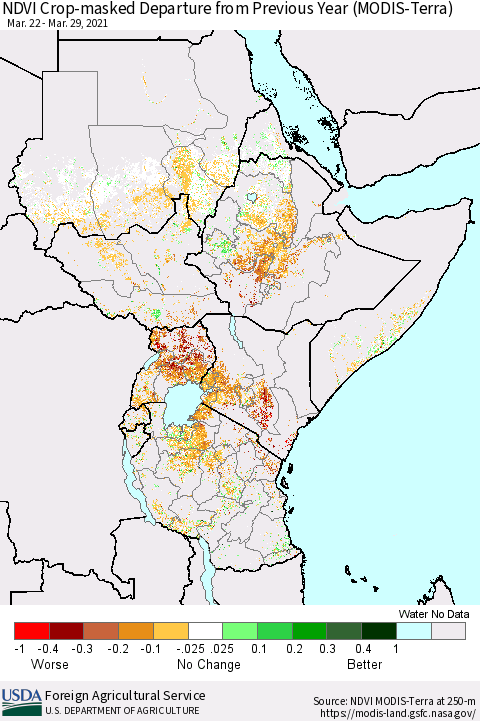 Eastern Africa NDVI Crop-masked Departure from Previous Year (MODIS-Terra) Thematic Map For 3/21/2021 - 3/31/2021
