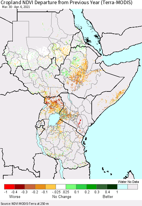 Eastern Africa Cropland NDVI Departure from Previous Year (Terra-MODIS) Thematic Map For 3/30/2021 - 4/6/2021