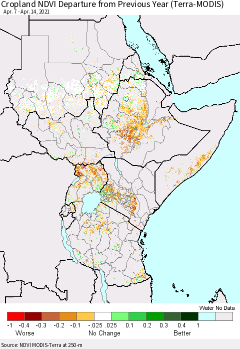 Eastern Africa Cropland NDVI Departure from Previous Year (Terra-MODIS) Thematic Map For 4/7/2021 - 4/14/2021