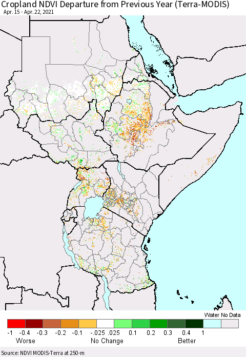 Eastern Africa Cropland NDVI Departure from Previous Year (Terra-MODIS) Thematic Map For 4/15/2021 - 4/22/2021