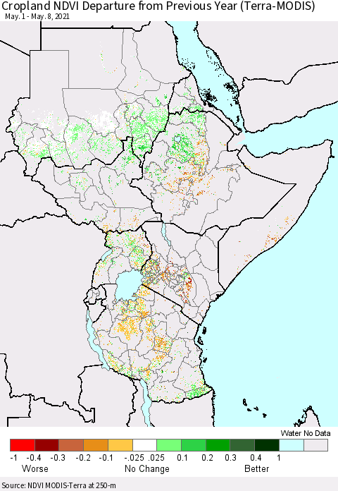 Eastern Africa Cropland NDVI Departure from Previous Year (Terra-MODIS) Thematic Map For 5/1/2021 - 5/8/2021