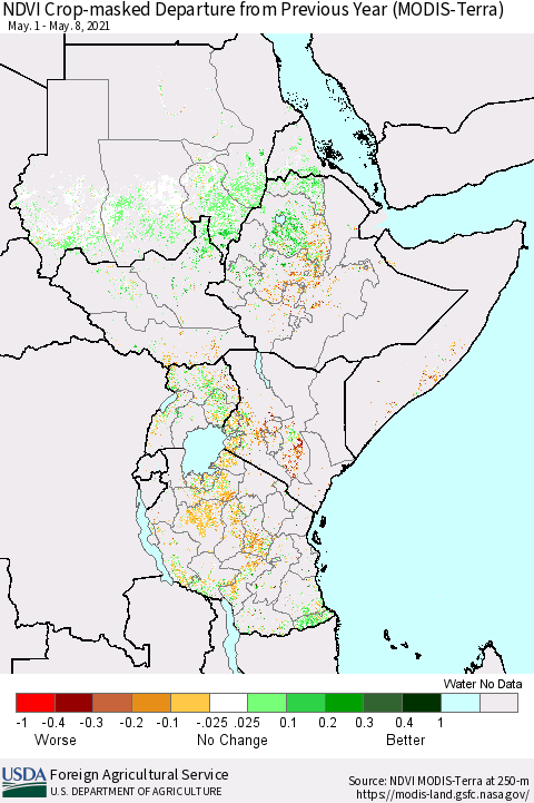 Eastern Africa Cropland NDVI Departure from Previous Year (Terra-MODIS) Thematic Map For 5/1/2021 - 5/10/2021