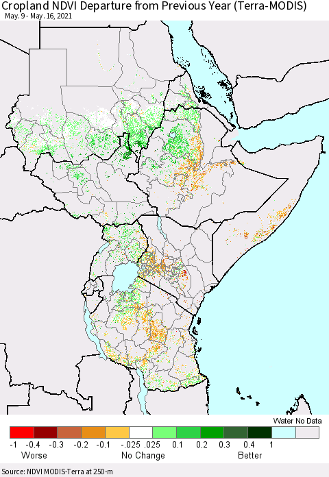 Eastern Africa Cropland NDVI Departure from Previous Year (Terra-MODIS) Thematic Map For 5/9/2021 - 5/16/2021