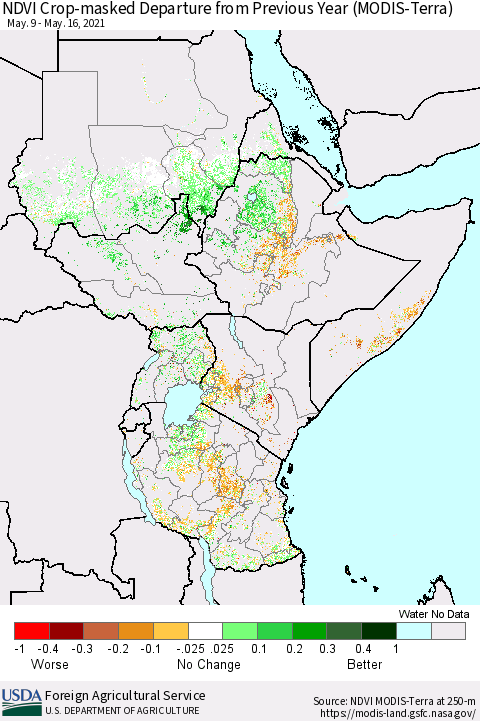 Eastern Africa Cropland NDVI Departure from Previous Year (Terra-MODIS) Thematic Map For 5/11/2021 - 5/20/2021
