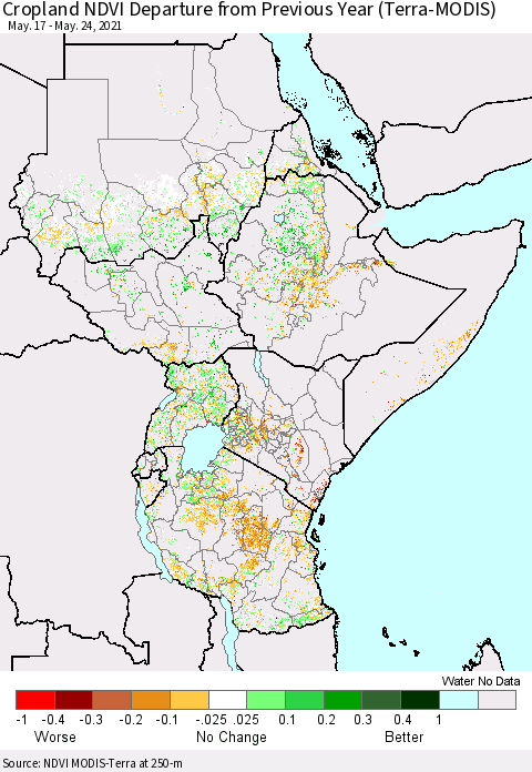 Eastern Africa Cropland NDVI Departure from Previous Year (Terra-MODIS) Thematic Map For 5/17/2021 - 5/24/2021
