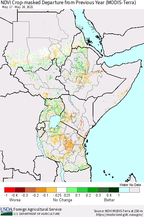 Eastern Africa Cropland NDVI Departure from Previous Year (Terra-MODIS) Thematic Map For 5/21/2021 - 5/31/2021