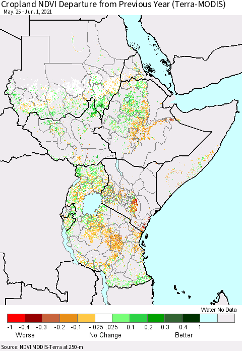 Eastern Africa Cropland NDVI Departure from Previous Year (Terra-MODIS) Thematic Map For 5/25/2021 - 6/1/2021