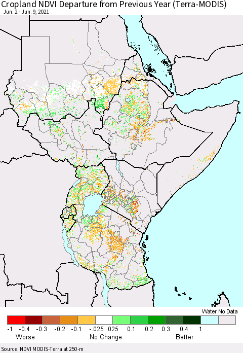 Eastern Africa Cropland NDVI Departure from Previous Year (Terra-MODIS) Thematic Map For 6/2/2021 - 6/9/2021