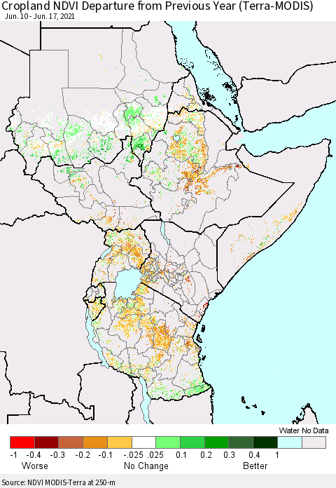 Eastern Africa Cropland NDVI Departure from Previous Year (Terra-MODIS) Thematic Map For 6/10/2021 - 6/17/2021