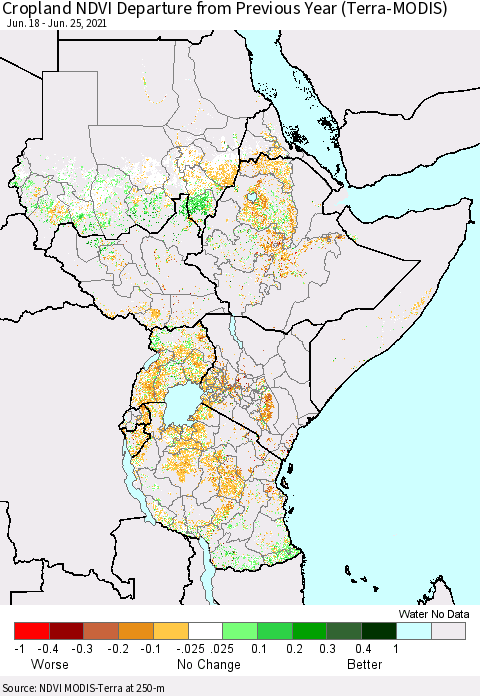 Eastern Africa Cropland NDVI Departure from Previous Year (Terra-MODIS) Thematic Map For 6/18/2021 - 6/25/2021