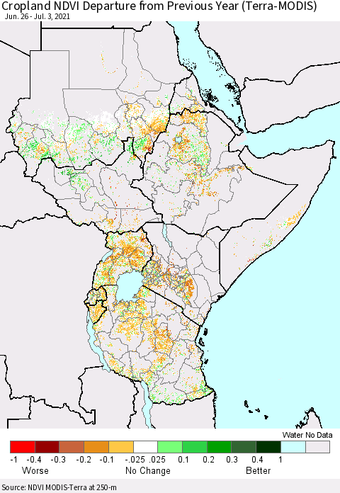 Eastern Africa Cropland NDVI Departure from Previous Year (Terra-MODIS) Thematic Map For 6/26/2021 - 7/3/2021