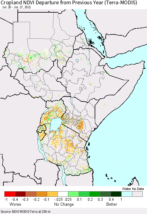 Eastern Africa Cropland NDVI Departure from Previous Year (Terra-MODIS) Thematic Map For 7/20/2021 - 7/27/2021
