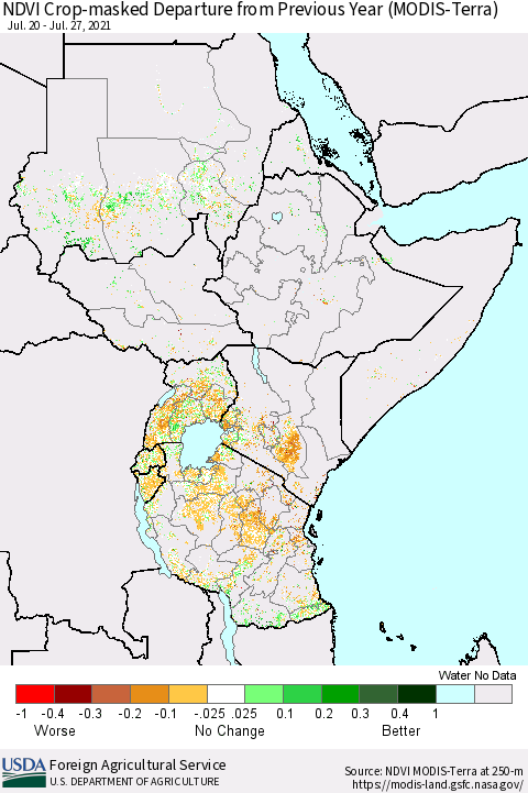 Eastern Africa Cropland NDVI Departure from Previous Year (Terra-MODIS) Thematic Map For 7/21/2021 - 7/31/2021