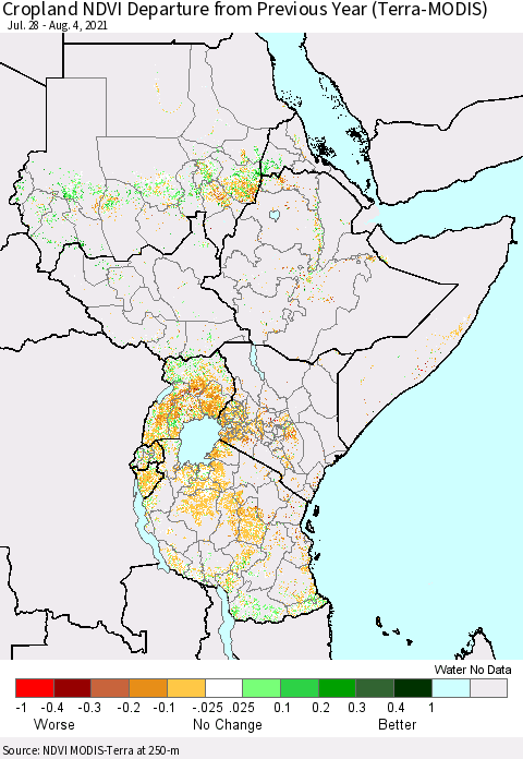 Eastern Africa Cropland NDVI Departure from Previous Year (Terra-MODIS) Thematic Map For 7/28/2021 - 8/4/2021