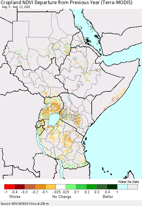 Eastern Africa Cropland NDVI Departure from Previous Year (Terra-MODIS) Thematic Map For 8/5/2021 - 8/12/2021