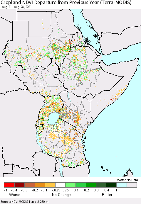 Eastern Africa Cropland NDVI Departure from Previous Year (Terra-MODIS) Thematic Map For 8/21/2021 - 8/28/2021