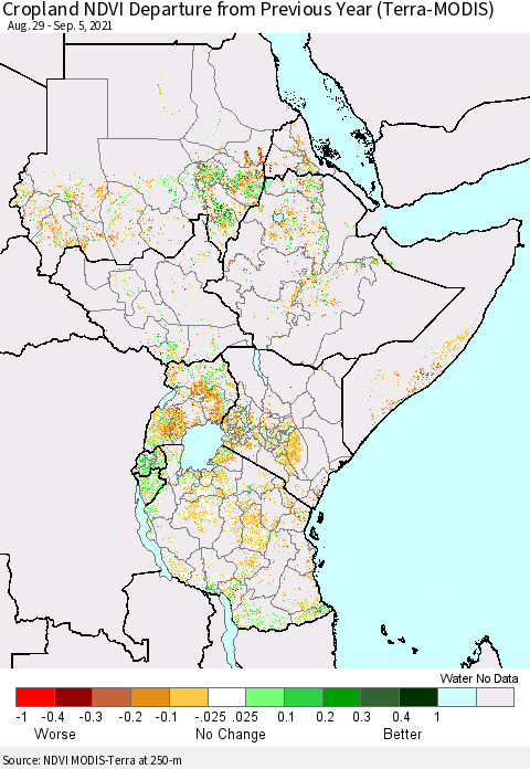 Eastern Africa Cropland NDVI Departure from Previous Year (Terra-MODIS) Thematic Map For 8/29/2021 - 9/5/2021