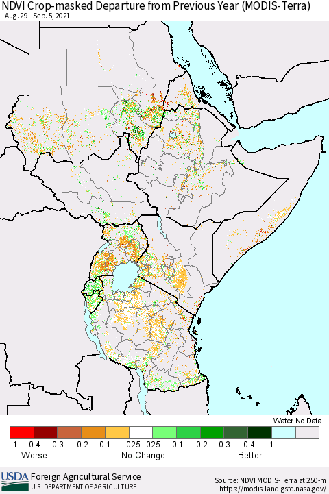 Eastern Africa Cropland NDVI Departure from Previous Year (Terra-MODIS) Thematic Map For 9/1/2021 - 9/10/2021