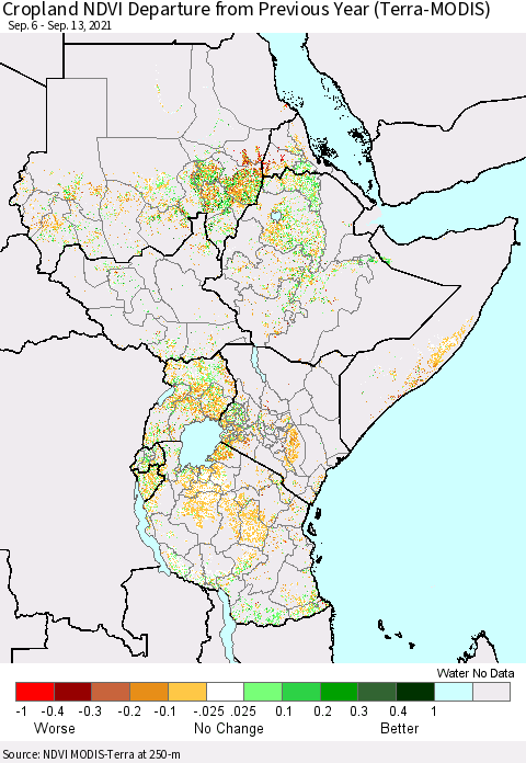 Eastern Africa Cropland NDVI Departure from Previous Year (Terra-MODIS) Thematic Map For 9/6/2021 - 9/13/2021