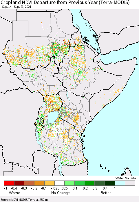 Eastern Africa Cropland NDVI Departure from Previous Year (Terra-MODIS) Thematic Map For 9/14/2021 - 9/21/2021