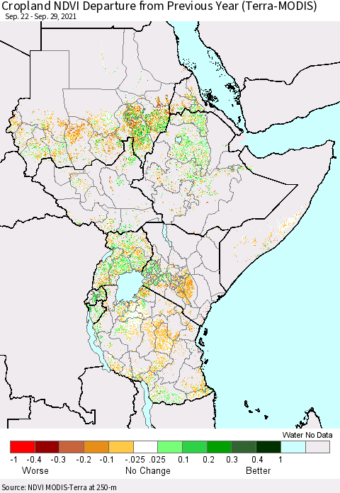 Eastern Africa Cropland NDVI Departure from Previous Year (Terra-MODIS) Thematic Map For 9/22/2021 - 9/29/2021