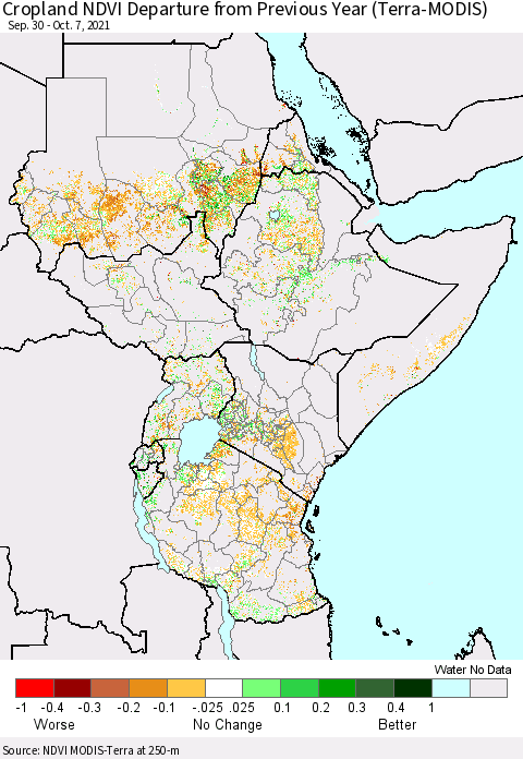 Eastern Africa Cropland NDVI Departure from Previous Year (Terra-MODIS) Thematic Map For 9/30/2021 - 10/7/2021