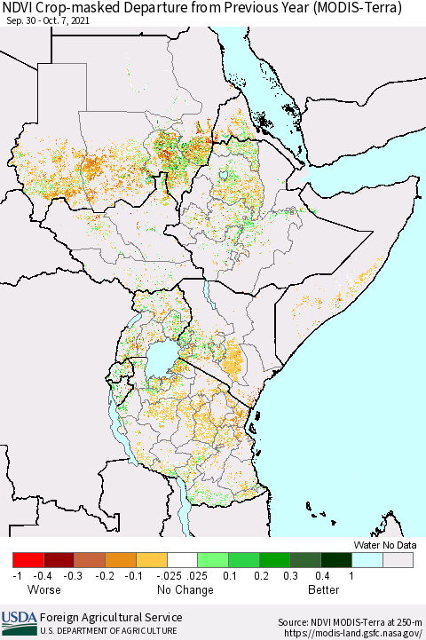 Eastern Africa NDVI Crop-masked Departure from Previous Year (MODIS-Terra) Thematic Map For 10/1/2021 - 10/10/2021