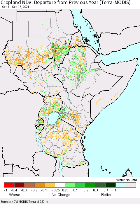 Eastern Africa Cropland NDVI Departure from Previous Year (Terra-MODIS) Thematic Map For 10/8/2021 - 10/15/2021