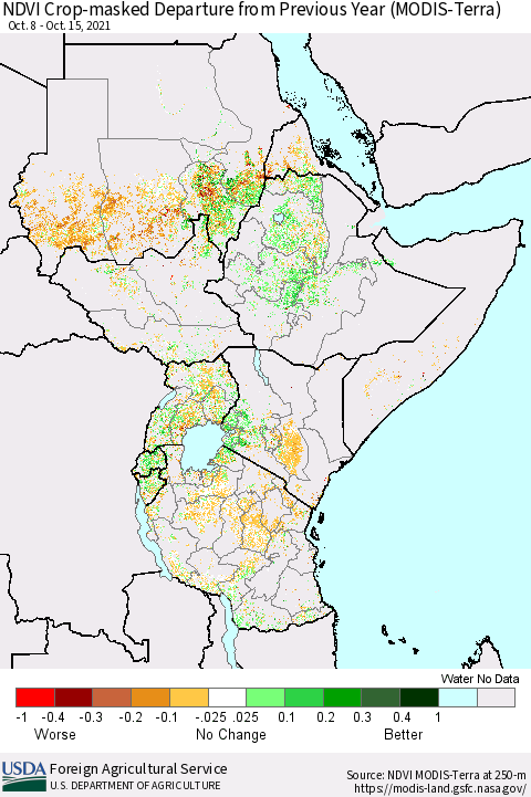 Eastern Africa NDVI Crop-masked Departure from Previous Year (MODIS-Terra) Thematic Map For 10/11/2021 - 10/20/2021