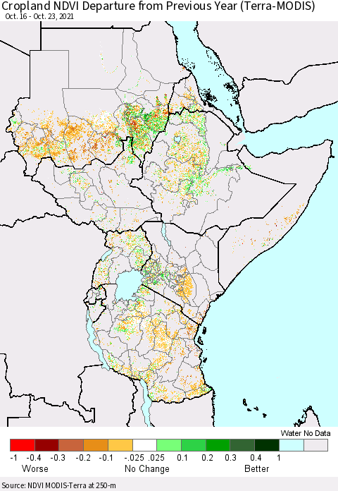 Eastern Africa Cropland NDVI Departure from Previous Year (Terra-MODIS) Thematic Map For 10/16/2021 - 10/23/2021