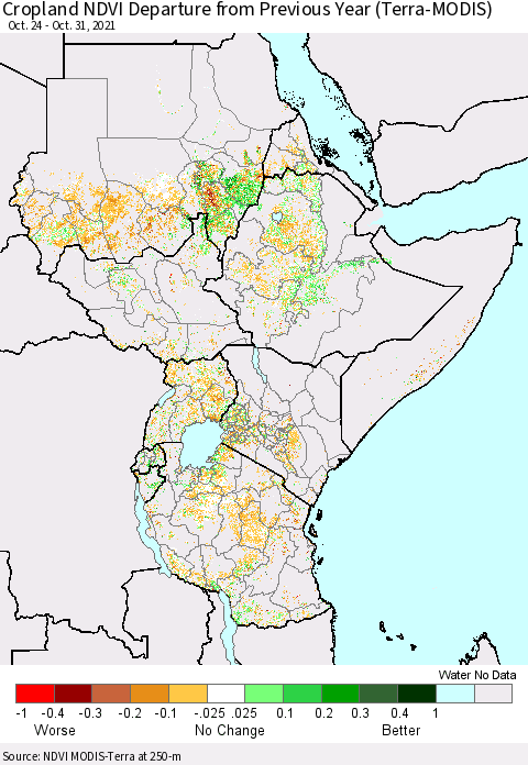 Eastern Africa Cropland NDVI Departure from Previous Year (Terra-MODIS) Thematic Map For 10/21/2021 - 10/31/2021