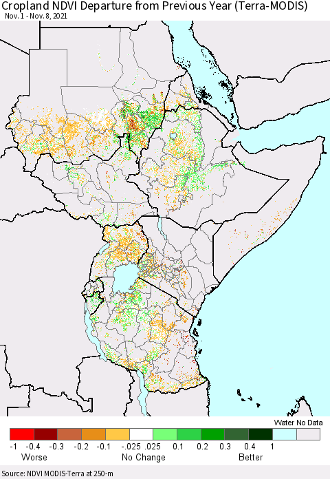 Eastern Africa Cropland NDVI Departure from Previous Year (Terra-MODIS) Thematic Map For 11/1/2021 - 11/8/2021