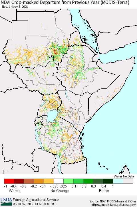 Eastern Africa NDVI Crop-masked Departure from Previous Year (MODIS-Terra) Thematic Map For 11/1/2021 - 11/10/2021