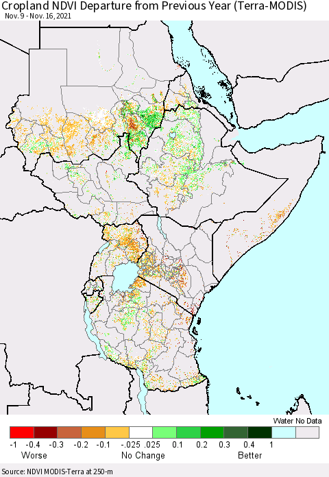 Eastern Africa Cropland NDVI Departure from Previous Year (Terra-MODIS) Thematic Map For 11/9/2021 - 11/16/2021