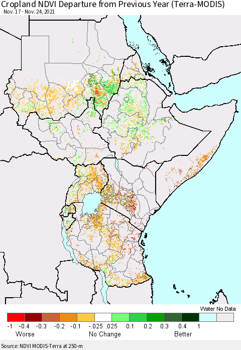Eastern Africa Cropland NDVI Departure from Previous Year (Terra-MODIS) Thematic Map For 11/17/2021 - 11/24/2021