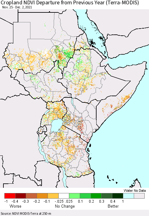 Eastern Africa Cropland NDVI Departure from Previous Year (Terra-MODIS) Thematic Map For 11/25/2021 - 12/2/2021