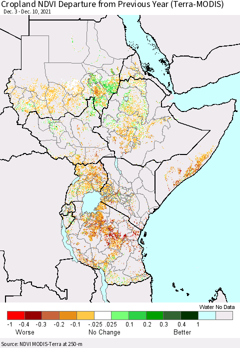 Eastern Africa NDVI Crop-masked Departure from Previous Year (MODIS-Terra) Thematic Map For 12/1/2021 - 12/10/2021