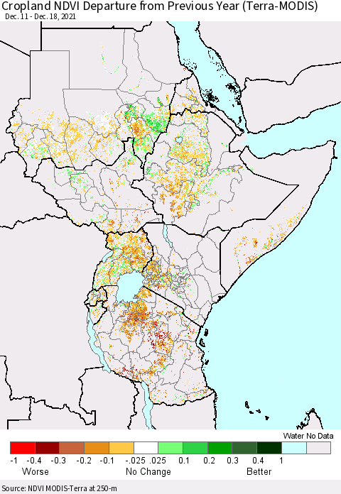 Eastern Africa Cropland NDVI Departure from Previous Year (Terra-MODIS) Thematic Map For 12/11/2021 - 12/18/2021
