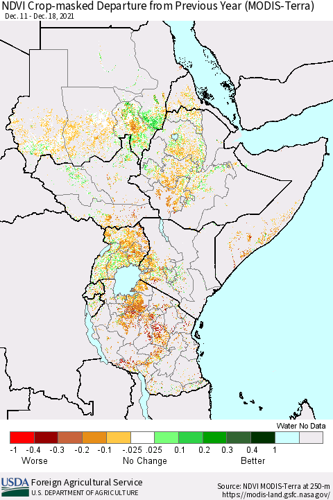 Eastern Africa NDVI Crop-masked Departure from Previous Year (MODIS-Terra) Thematic Map For 12/11/2021 - 12/20/2021